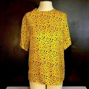 80s blouse. Yellow polyester abstract cheetah print. Vintage